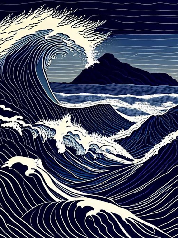 Vagues Déferlantes Paysages Paysage Aquatique Linogravure 2
