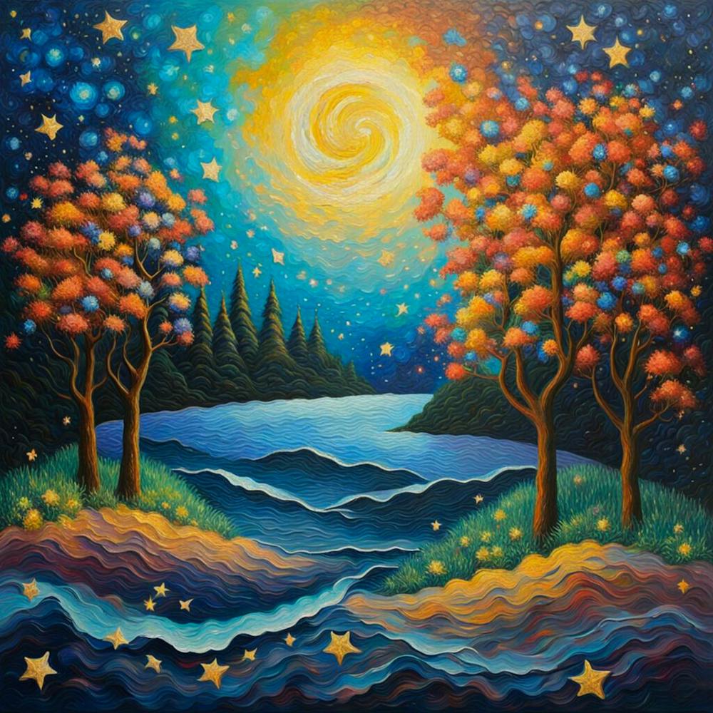 Whimsical Night: A Serene Lake Under a Swirling Starry Sky