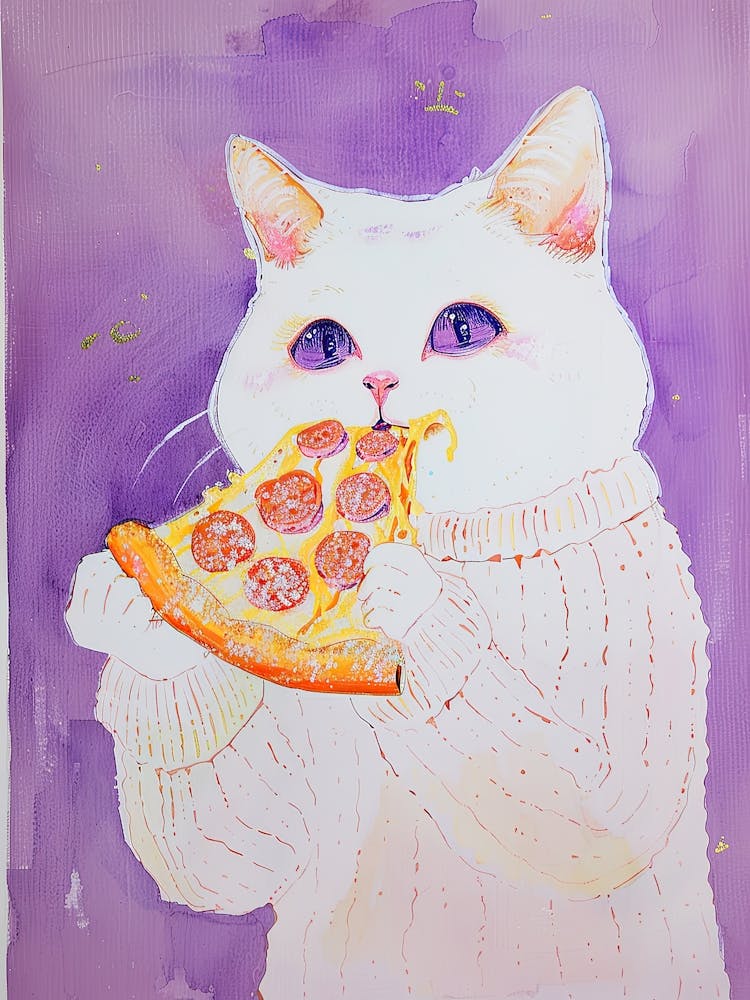 White Cat Eating Pizza Folk Illustration 2