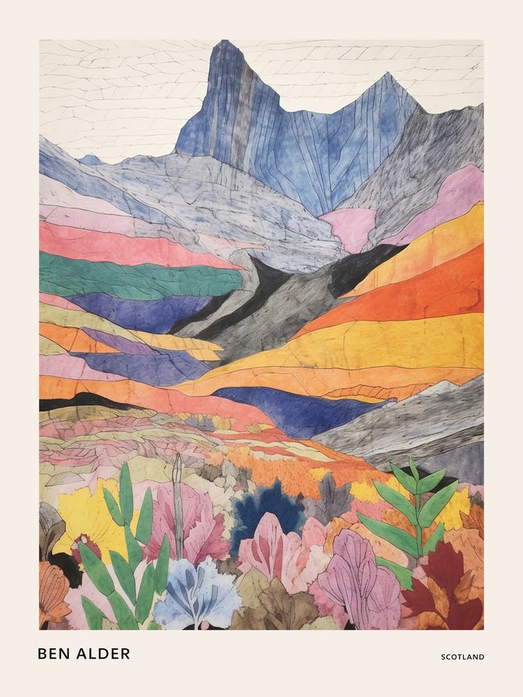 Ben Alder Scotland 2 Farbenfrohe Bergillustration Poster