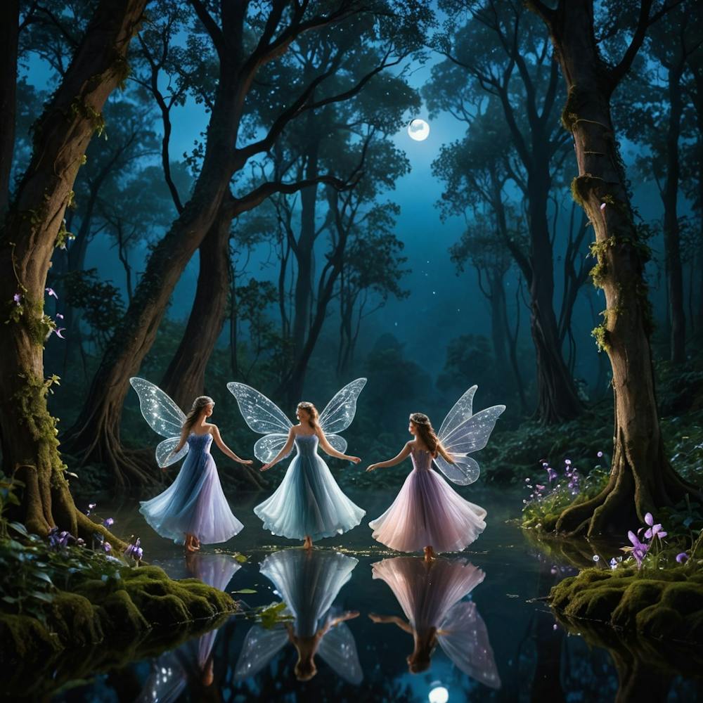 Trois fées marchent le long d'un lac par une nuit de pleine lune