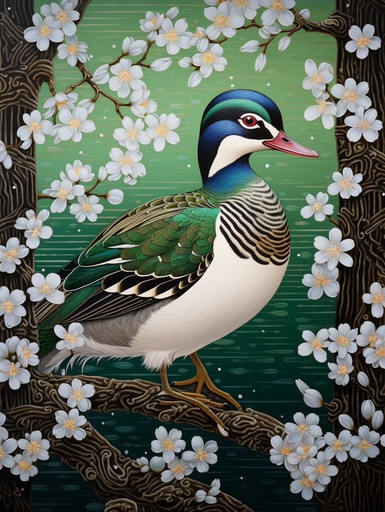 Ohara Koson Inspired Bird Painting Wood Duck 3