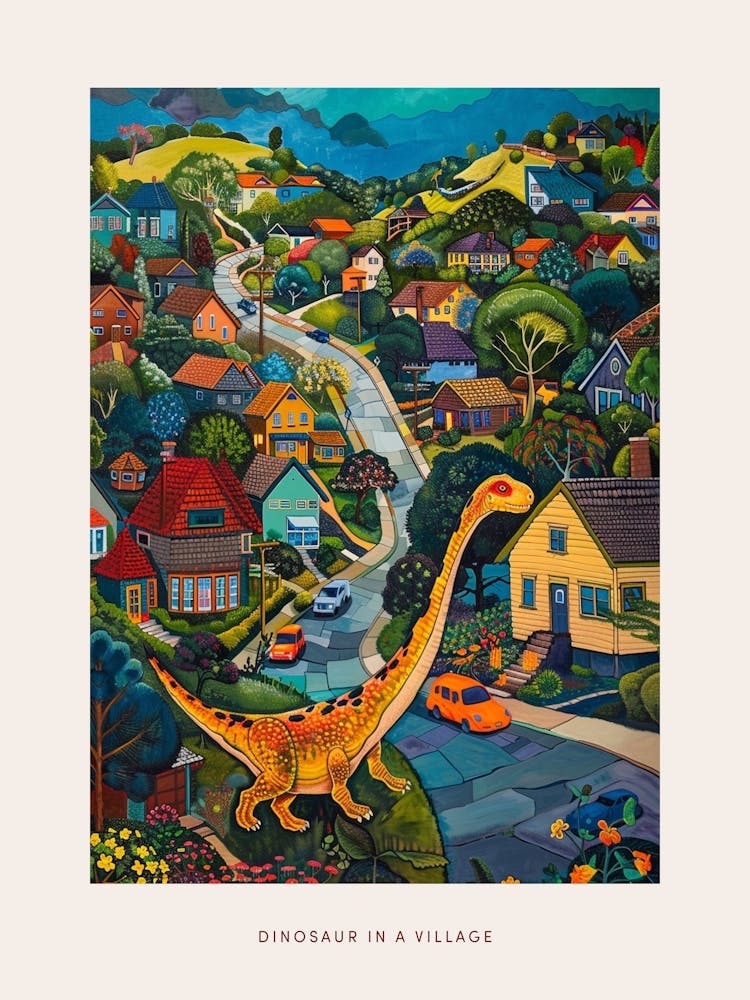 Cute Colourful Dinosaur In A Village 2 Poster
