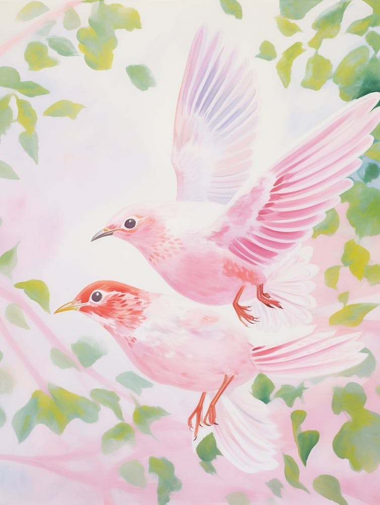 Peinture D'Oiseau Éthéré Rose Grive Solitaire 2