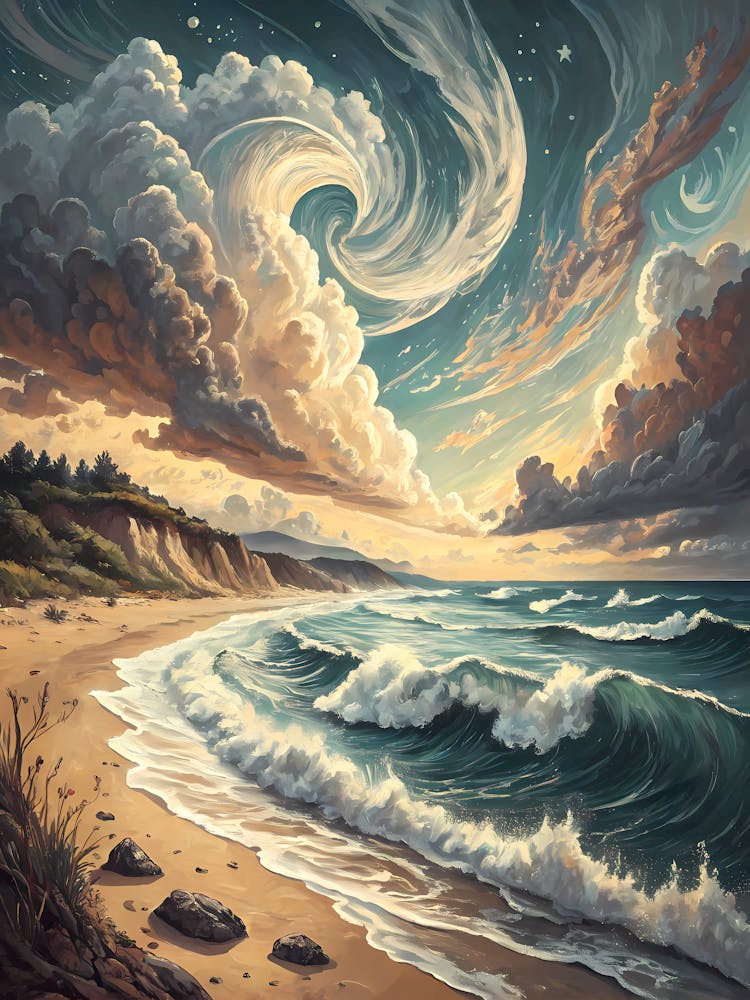 A Coastal Scene with Waves Meeting the Shore Oil Painting Style