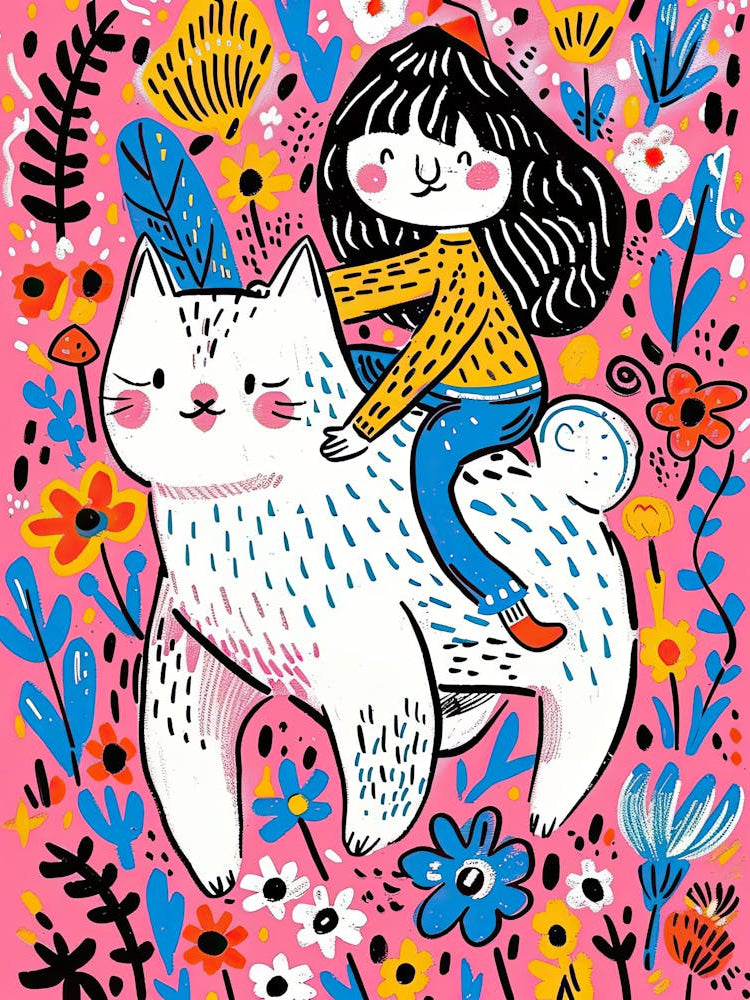 Girl Riding A White Cat |Children's prints & kids posters 1