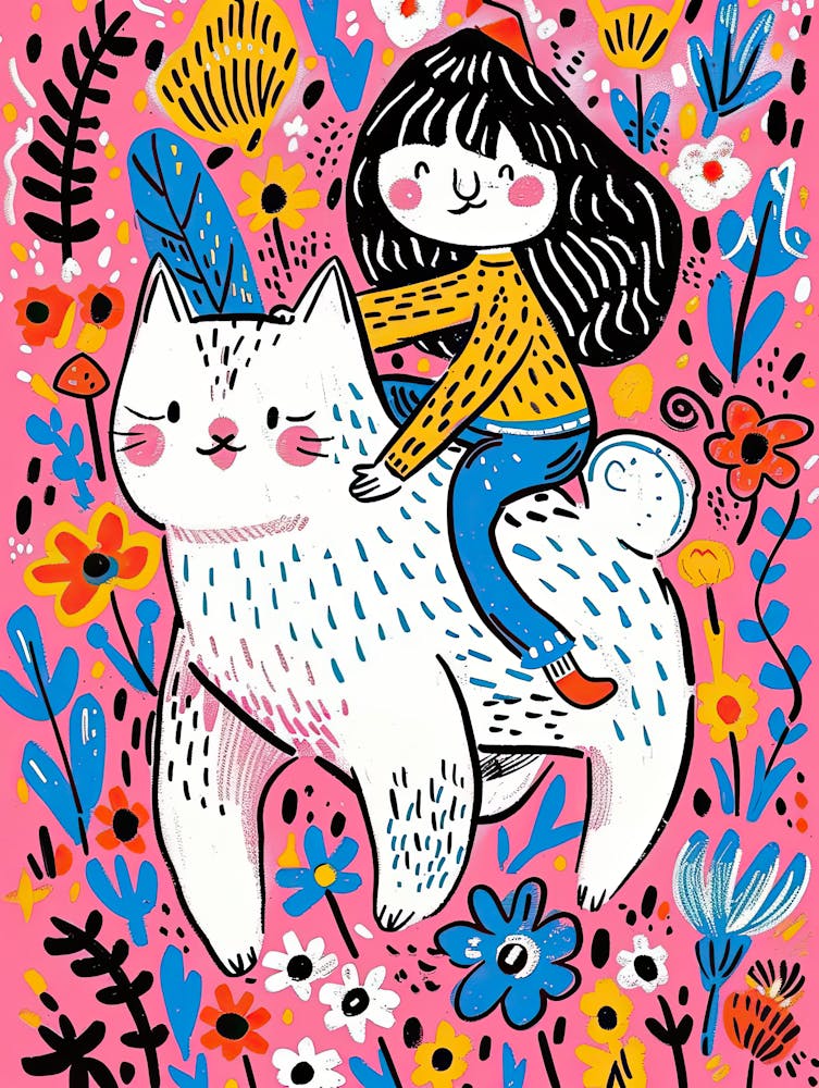 Girl Riding A White Cat |Children's prints & kids posters 1