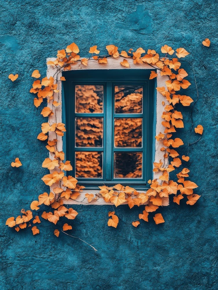 Autumn Leaves On A Blue Wall 1