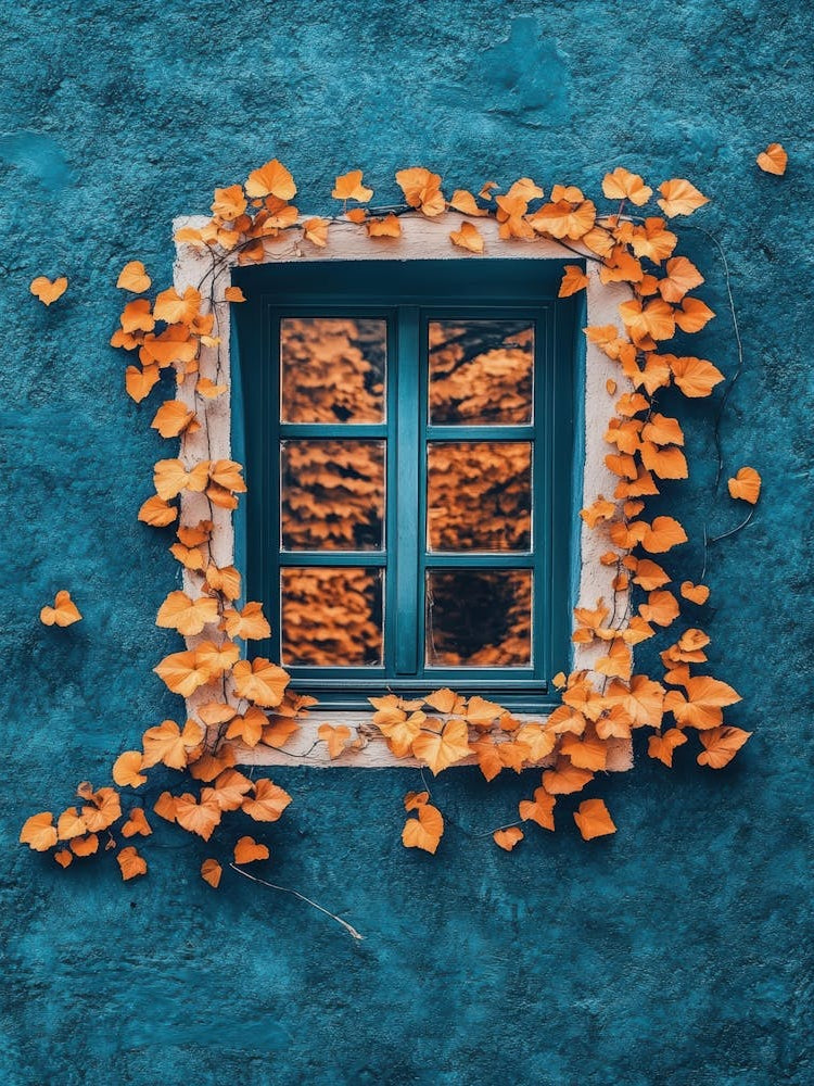 Autumn Leaves On A Blue Wall 1