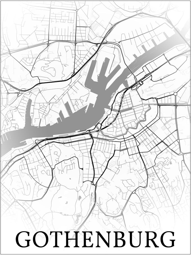 Gothenburg, Sweden, City Map, Black And White Fade Design
