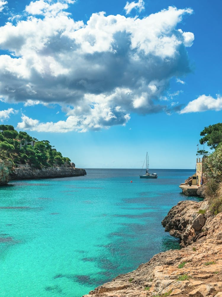 Boat, Blue Sea And Cliffs