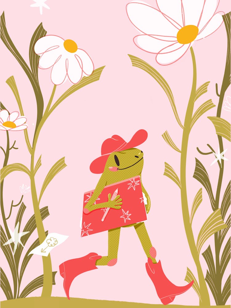 Cowboy frog walking through a field of flowers 1