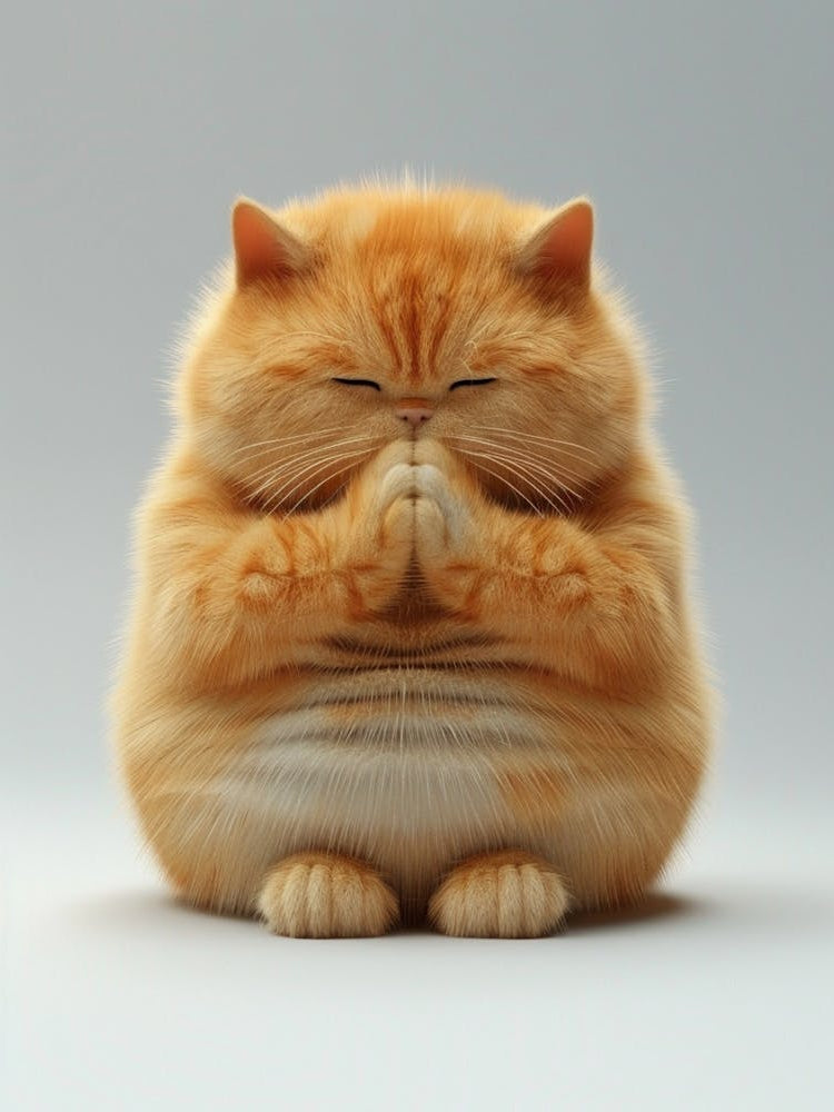 Fat Cute Fluffy Cat With A Belly, Funny Facial Expressions, Exaggerated Action，Praying, 3d Character, White Background, A Little Hairy, Elongated Shape, Cartoon Style, Minimalism