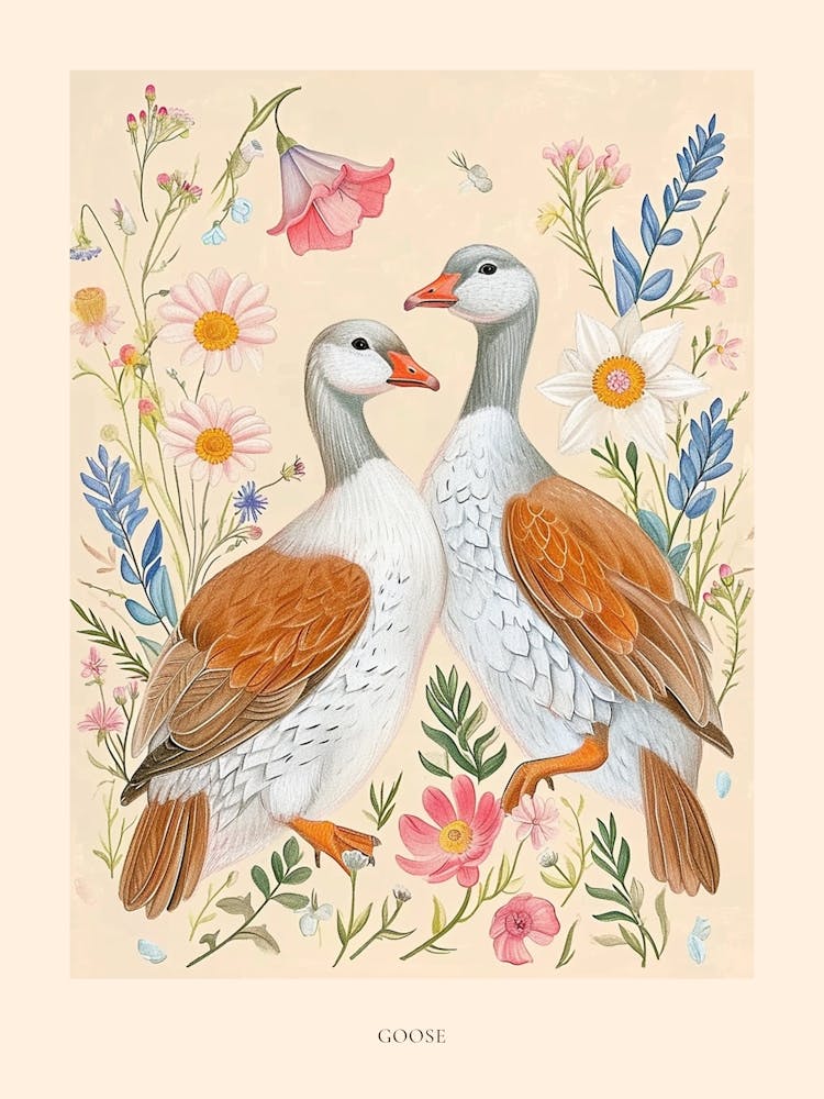 Folksy Floral Animal Drawing Goose Poster