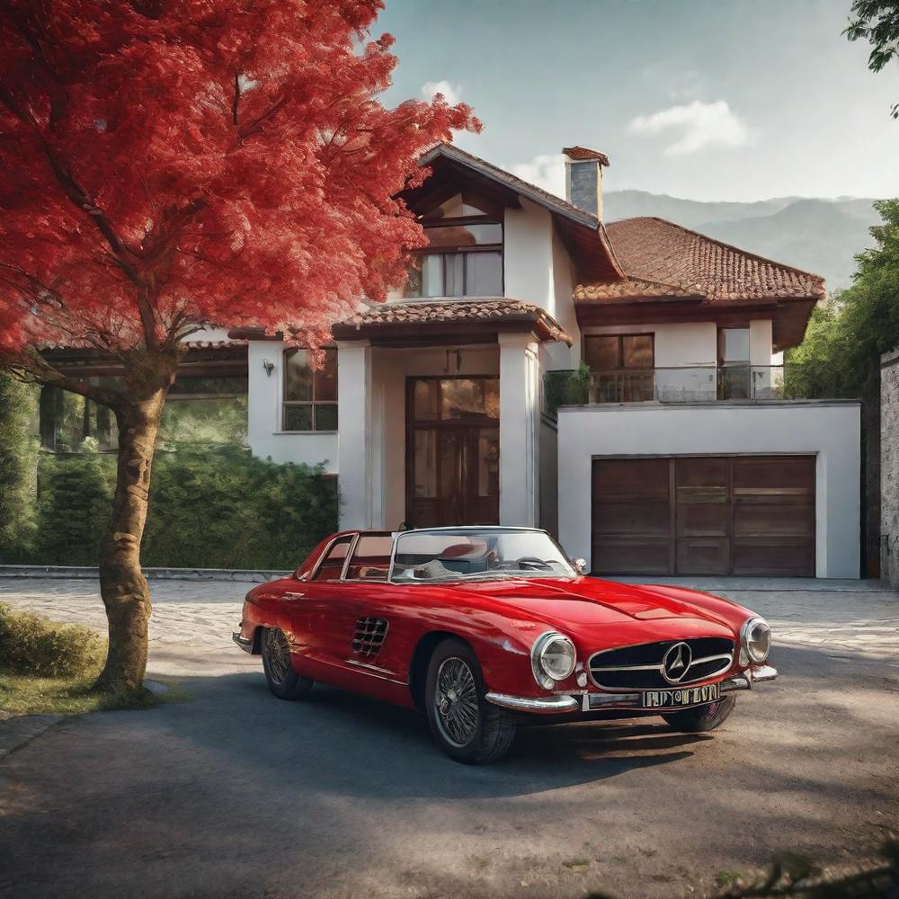 A Red Luxury Car Is Driving In A Rural Town Between Trees On A Street In Front Of A Luxurious Rural Villa