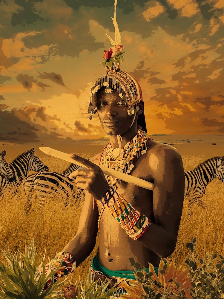 African Hunter With Zebras