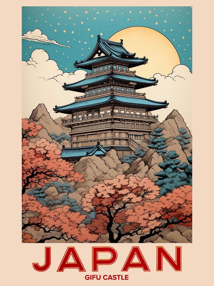 Gifu Castle, Visit Japan Vintage Travel Art 1