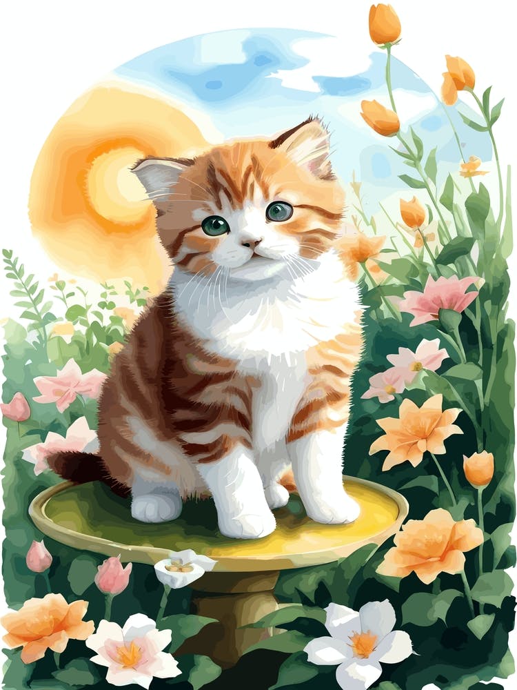 Cute Kitten And Flowers Watercolor 5