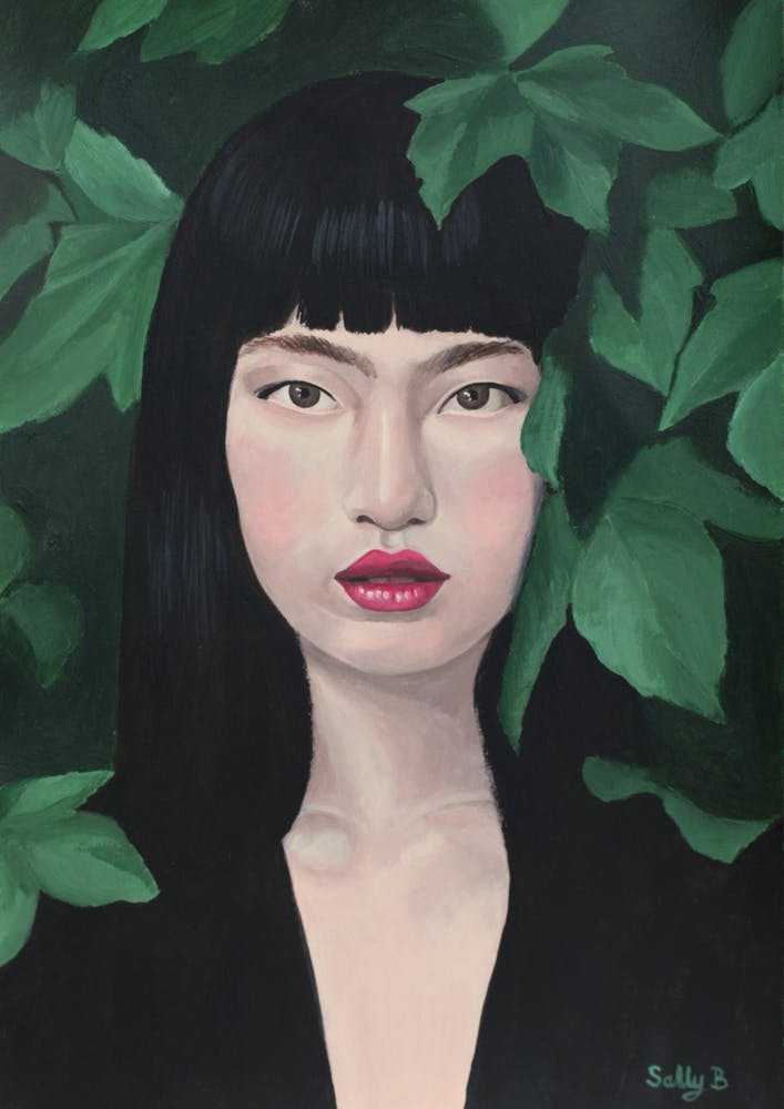 Chinese Lady With Green Leaves