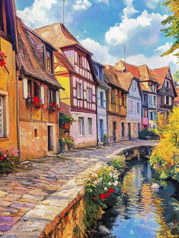 Modern Artistic European Famous Old Street View, Beautiful Old Vintage Houses