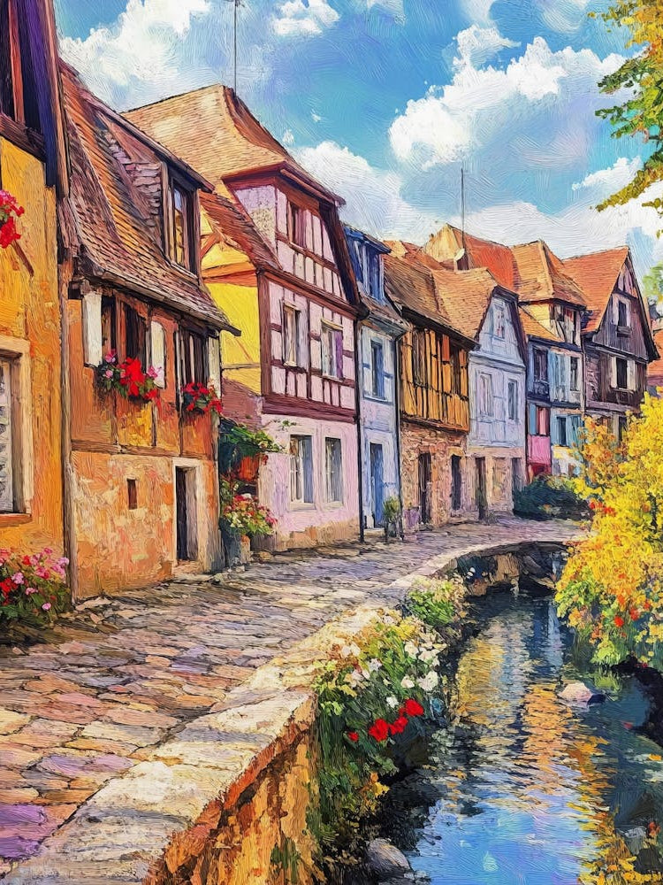 Modern Artistic European Famous Old Street View, Beautiful Old Vintage Houses