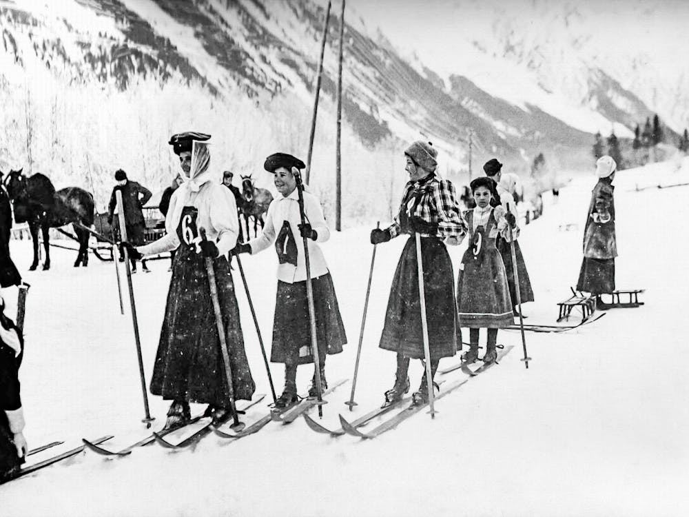 Skiers, Women Skiers, Black and White Old Photo, Vintage Ski Art