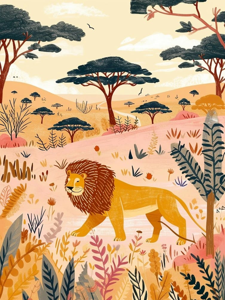 African Lion Hunting In The Savannah Illustration 3