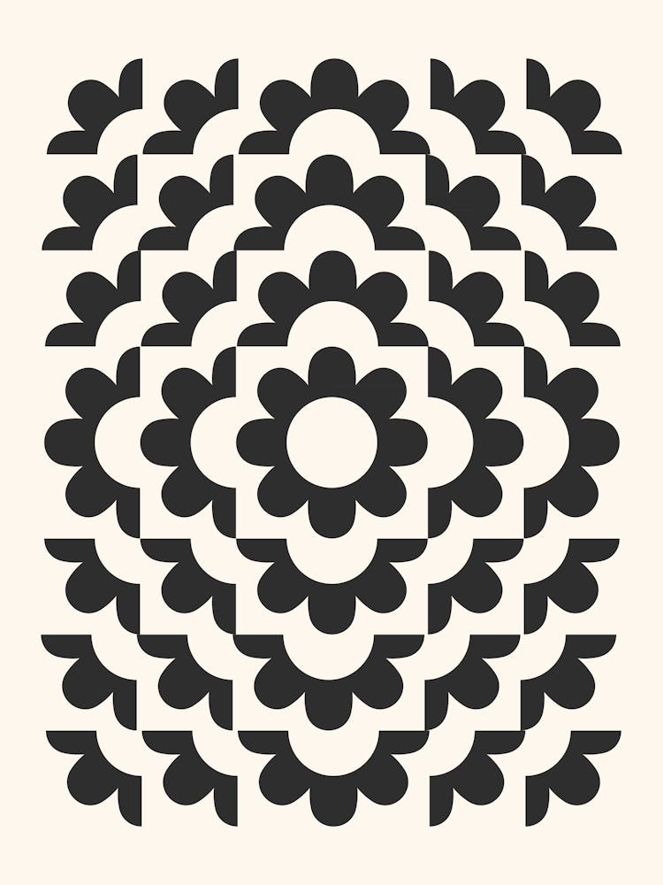 Midcentury Modern Abstract Geometric Flower Pattern Floral in black and beige