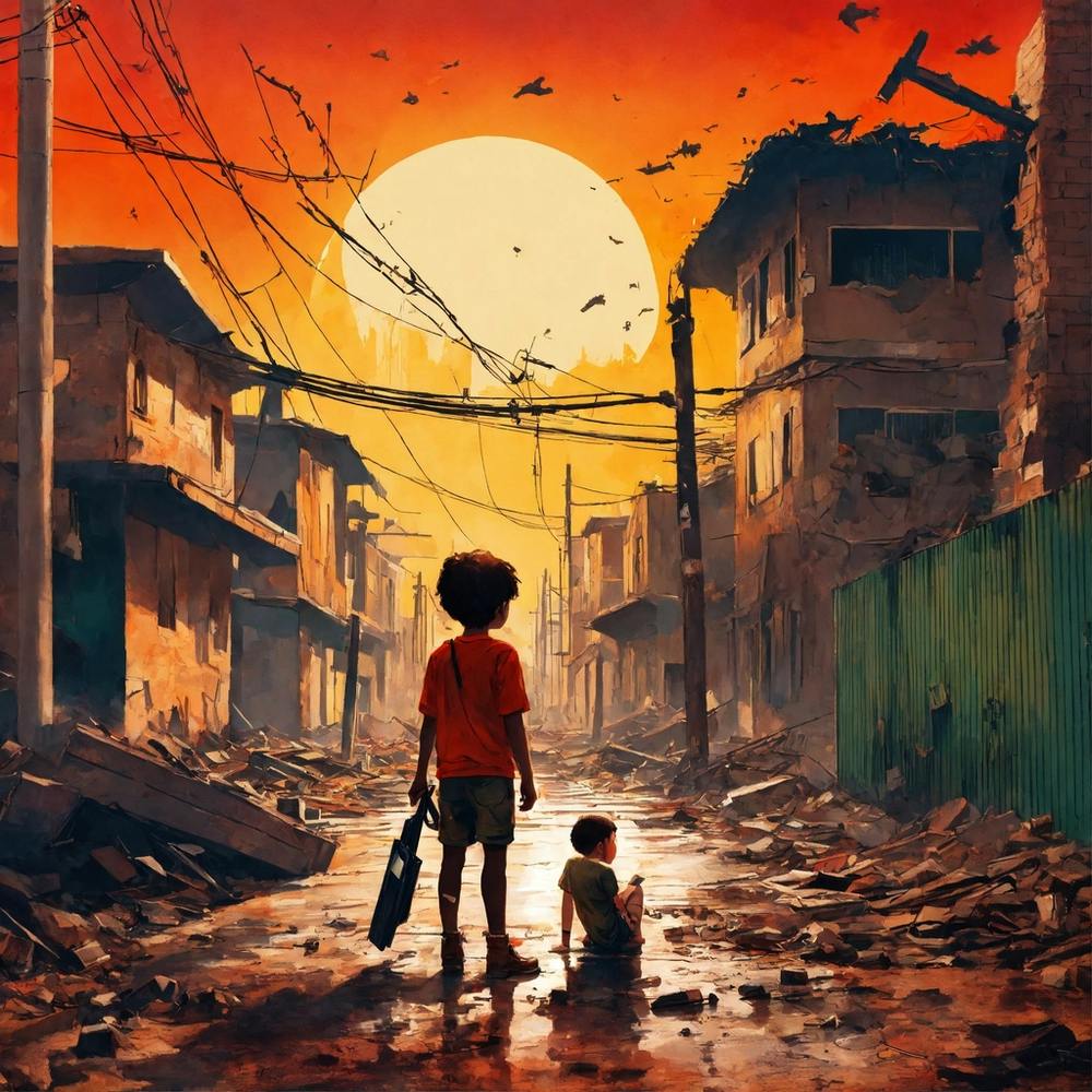 Masterpiece striking award winning fine art vector illustration, many children hurt vulnerable, in war dystopian destruction 16 k