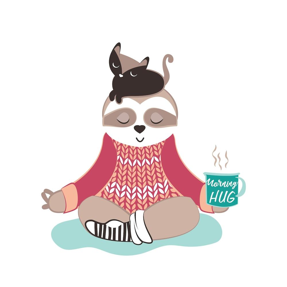 Hygge-Faultier // winterlich gemütliches niedliches Tier Kinderzimmer Babyzimmer Yoga mit Kaffeetasse und einer Katzen-Morgenumarmung