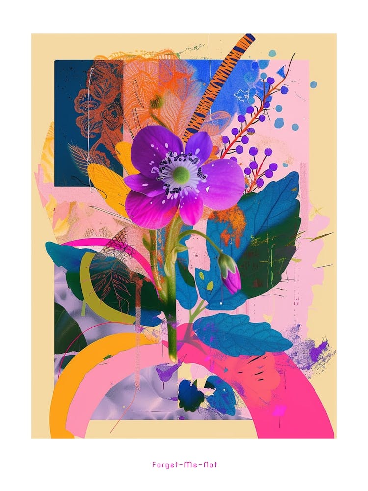 Forget Me Not 1 Neon Flower Collage Poster