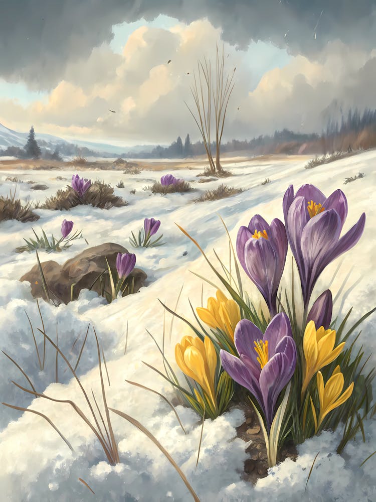 Oil Painting Style Purple & Yellow Crocus Field Early Spring Snow Landscape