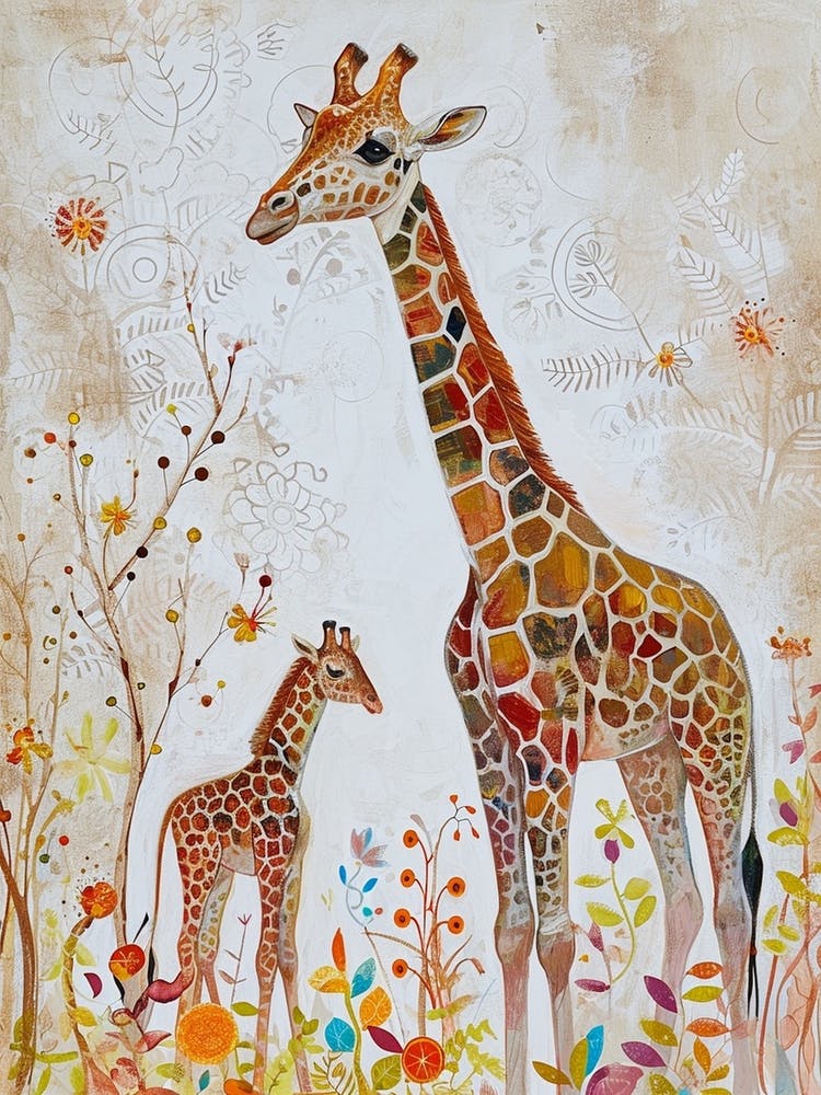 Watercolour Colourful Giraffe Pair 1