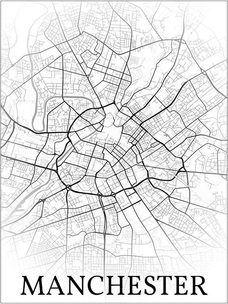 Manchester, England, Uk, City Map, Black And White Fade Design