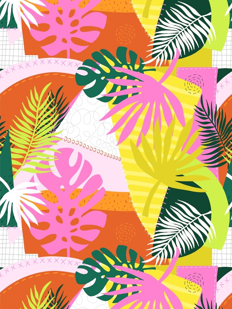 Collage Patchwork Abstrait Plantes d'Été Tropicales - Néon Multicolore