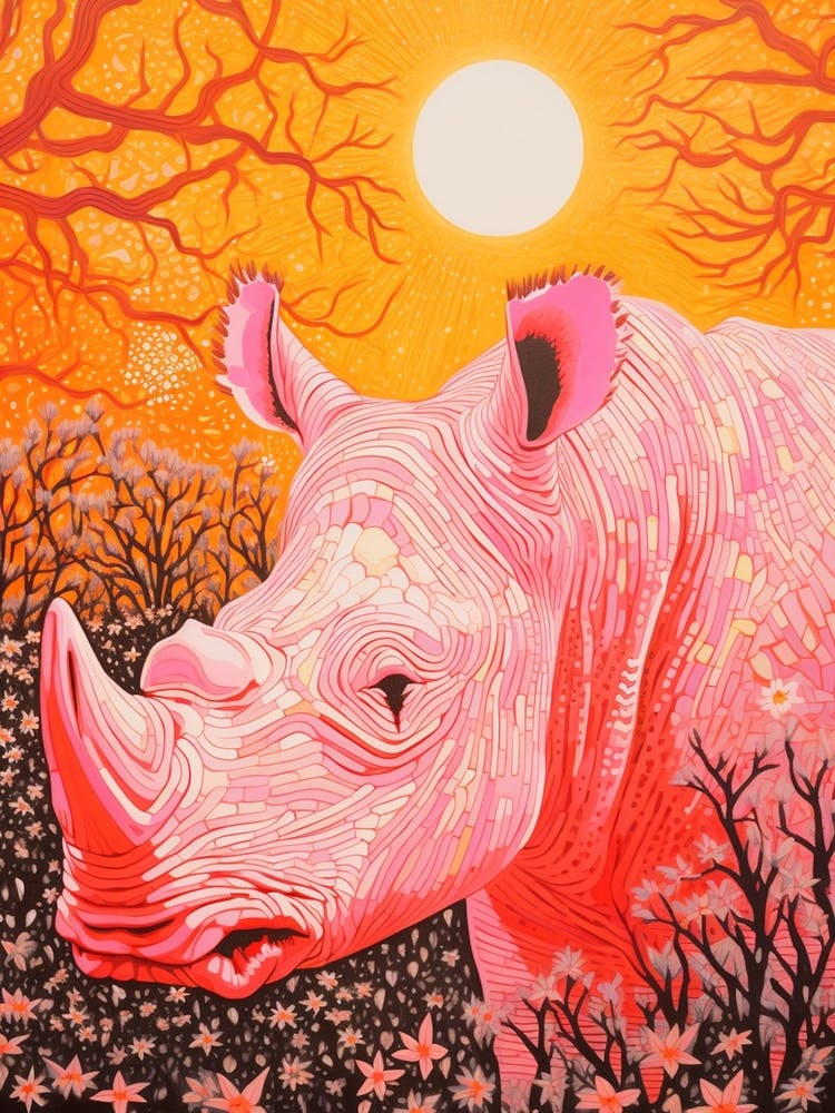Geometric Pink & Orange Rhino In The Flowers
