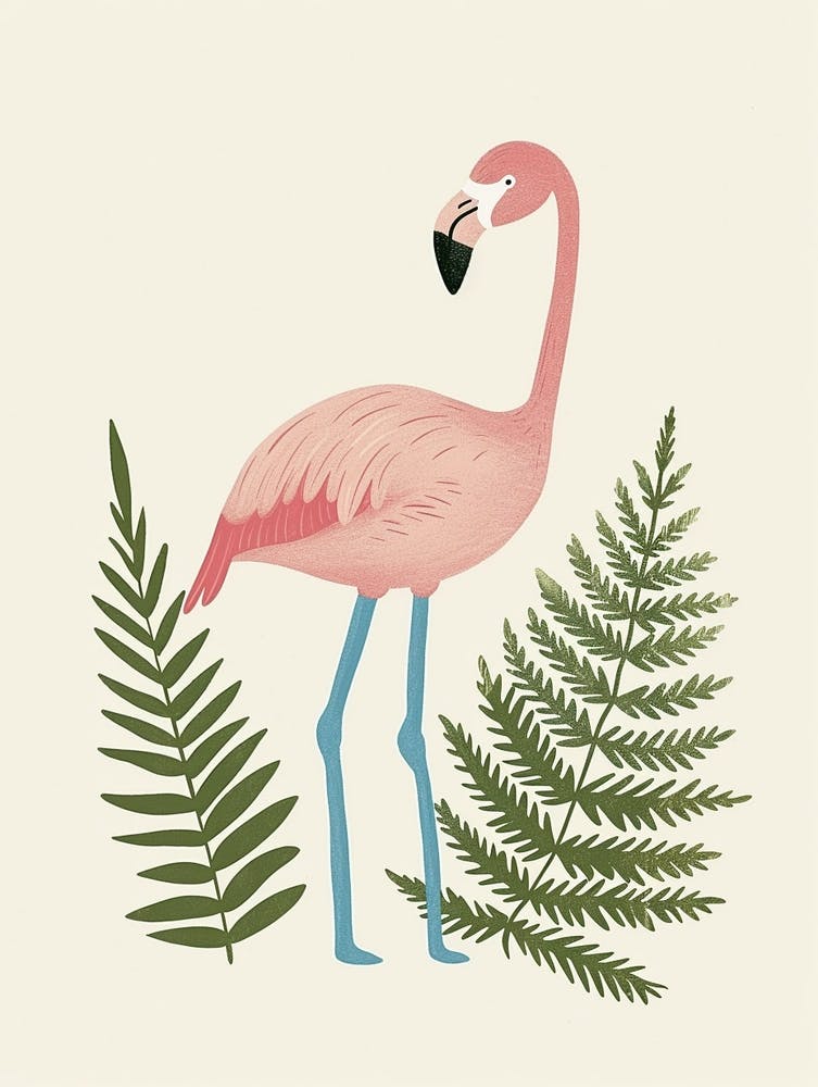 American Flamingo And Ferns Minimalist Illustration 1