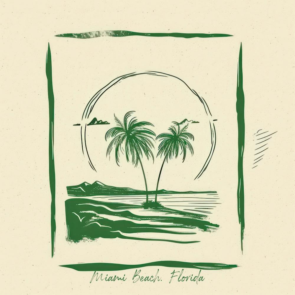 Miami Beach, Florida Green Line Art Illustration