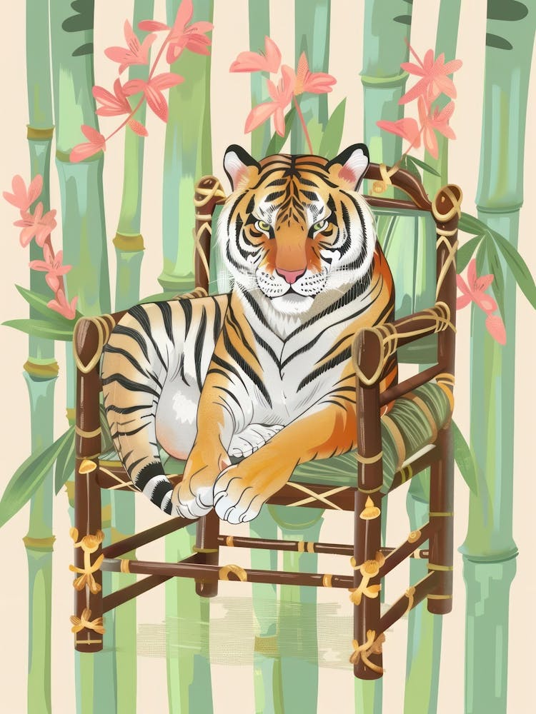 Tiger In Bamboo Chair Jungle Animal Tropical Illustration