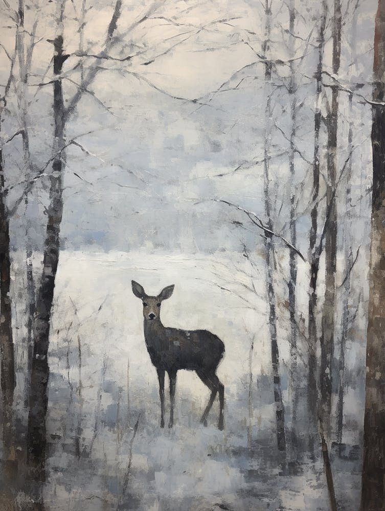 Vintage Winter Animal Painting Black Tailed Deer 1