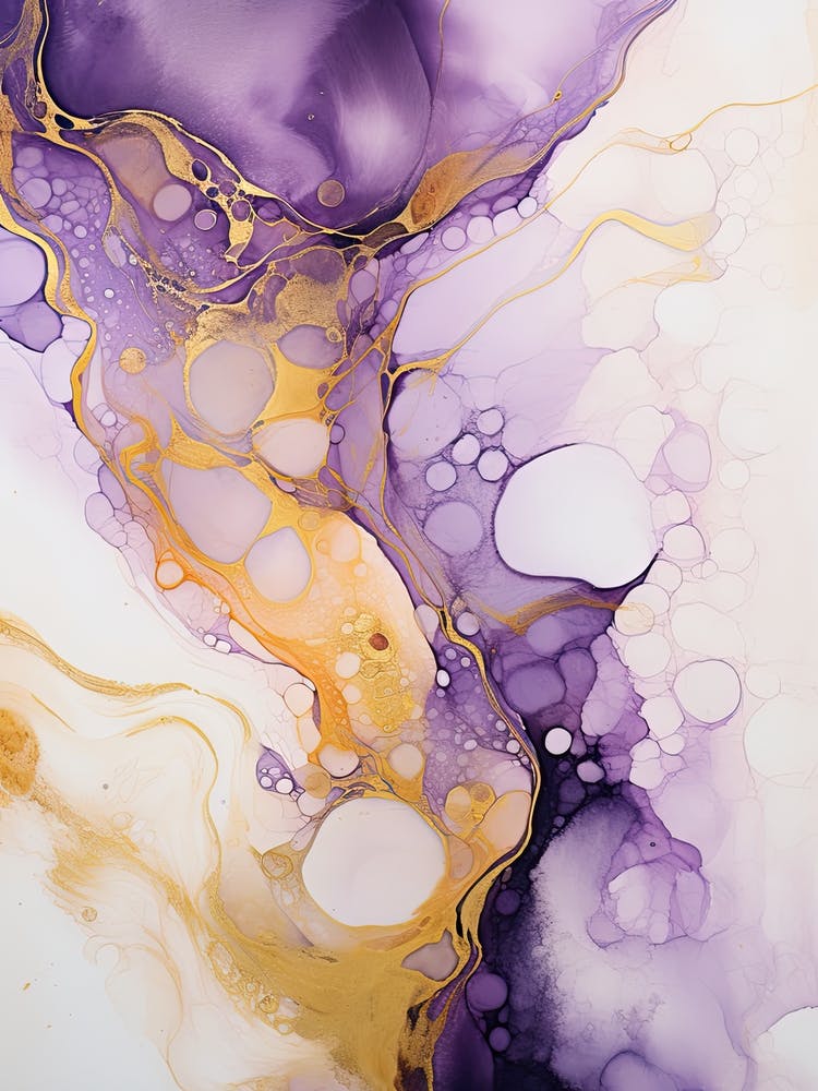 Peinture Abstraite à Flux Violet, Blanc, Or 0