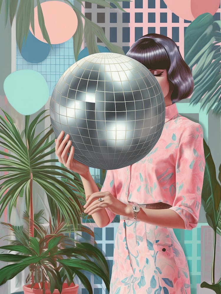 Woman With Purple Hair Holding A Disco Ball And Plants