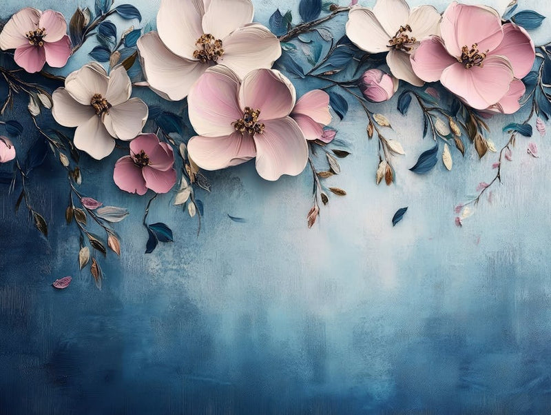 Pink Flowers On A Blue Background 1