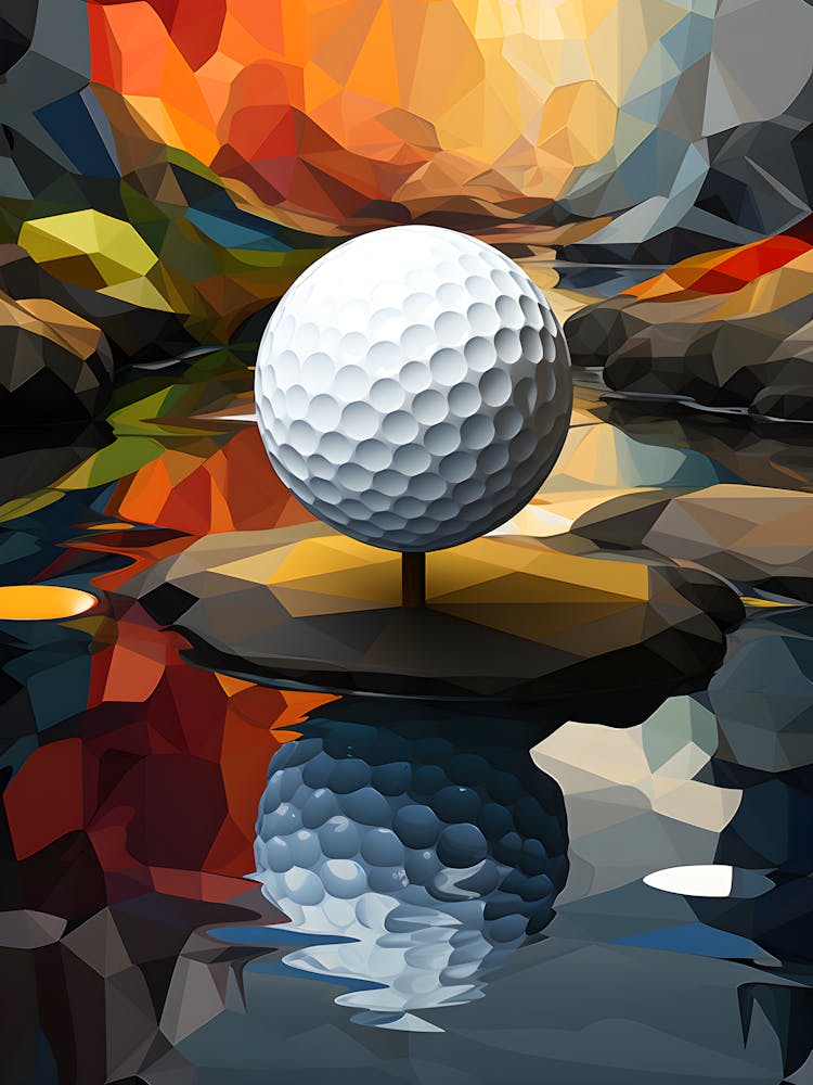 Golf Ball Abstract Landscape Print – Vibrant Low Poly Sunset Reflection Art