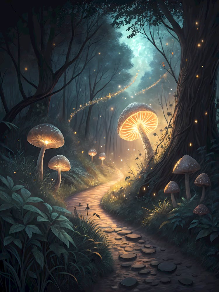 Oil Painting Style Enchanted Forest Path Glowing Mushrooms & Fireflies
