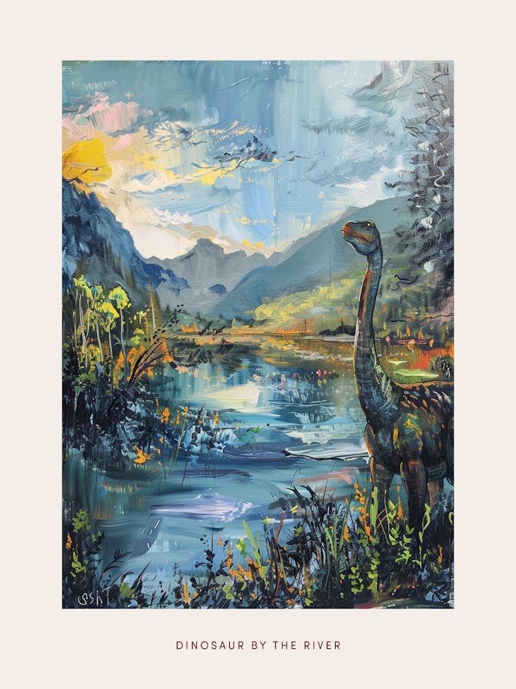 Dinosaur Relaxing By The River Painting Poster