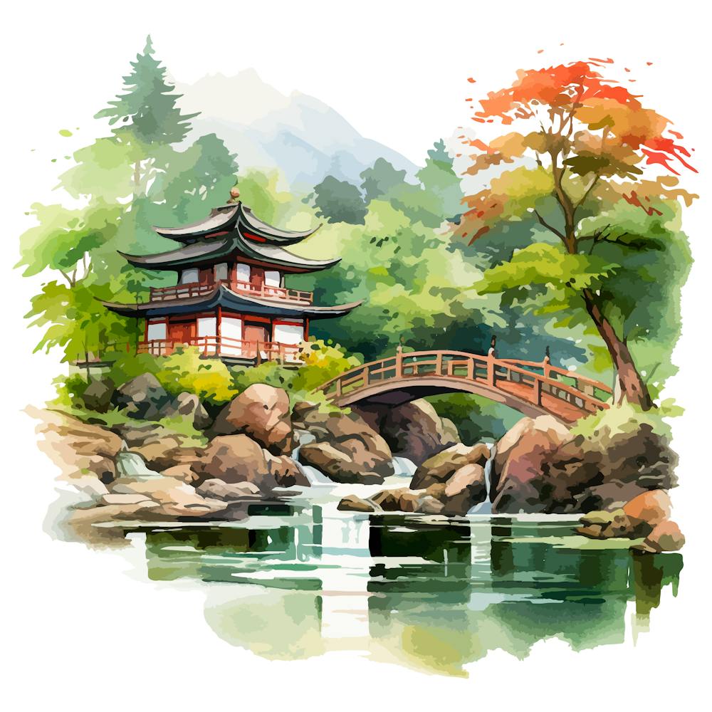 Paysage Asiatique à l'Aquarelle