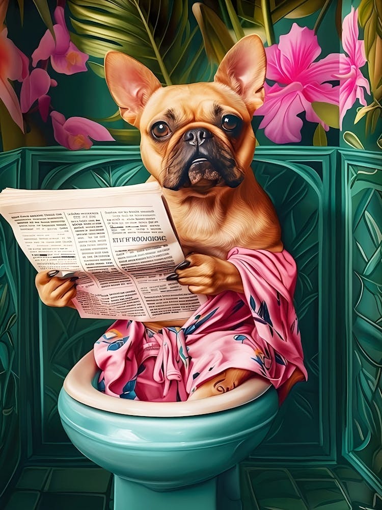 Fawn French Bulldog Reading On Toilet Print, French Bulldog Prints Funny Bathroom Wall Decor Toilet Wall Art Dog Poster Bathroom Wall Art