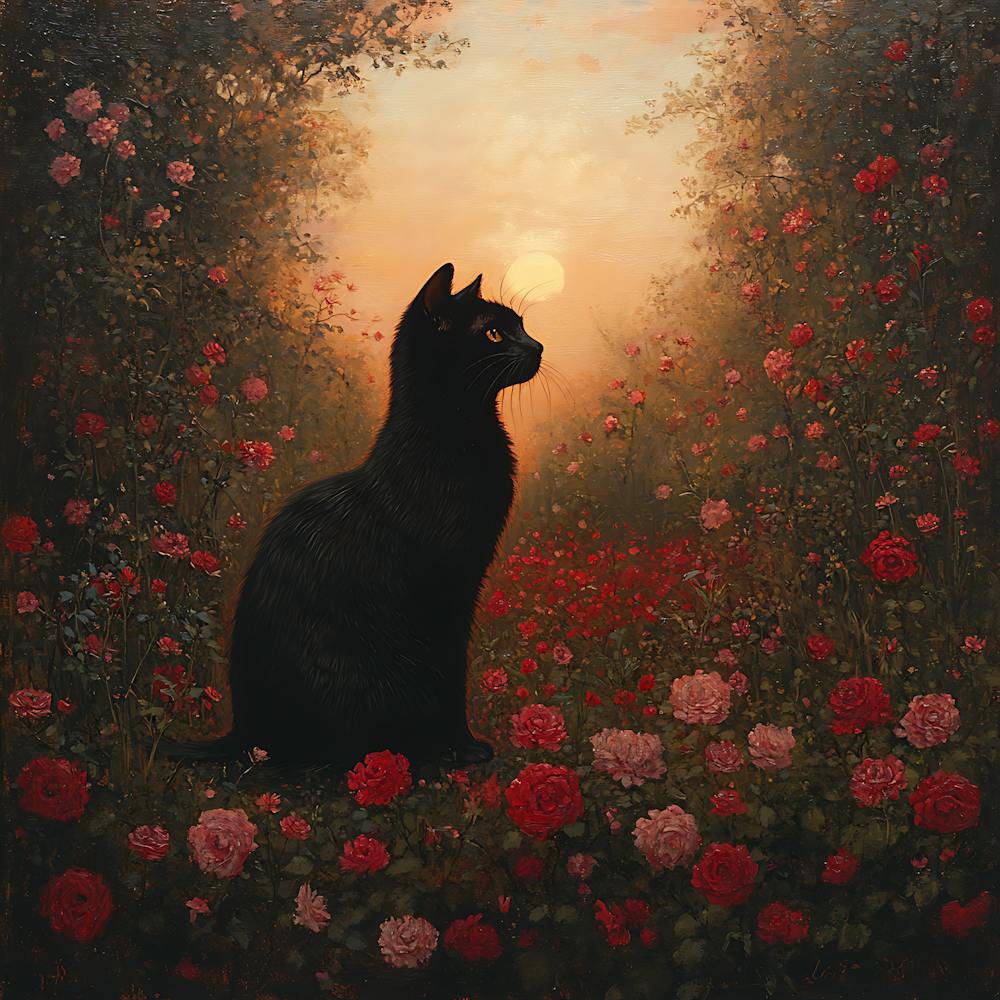 Black Cat in a Floral Sunset Garden 10