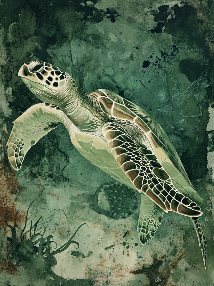 Textured Sea Turtle Swimming Painting 5